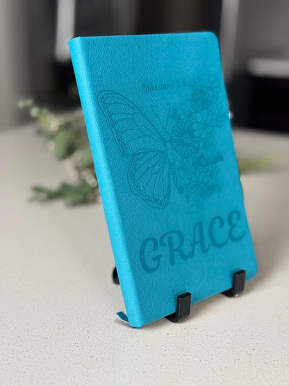 Personalized Faith Journal with Bible Verse – Blue Leather Prayer Journal with Pen, Christian Gifts, Butterfly Books, Grace journal - HisWord Designs