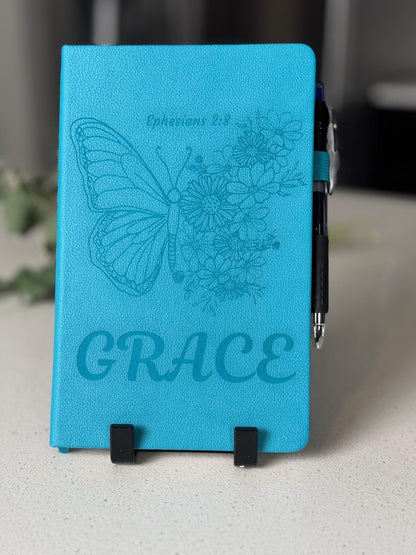 Personalized Faith Journal with Bible Verse – Blue Leather Prayer Journal with Pen, Christian Gifts, Butterfly Books, Grace journal - HisWord Designs