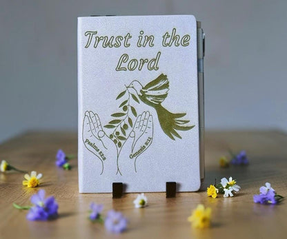 Personalized Christian Gift, Trust in the Lord Prayer Notebook, Hand - Drawn Bible Verse Journal, Laser Engraved Faux Leather devotional book - HisWord Designs