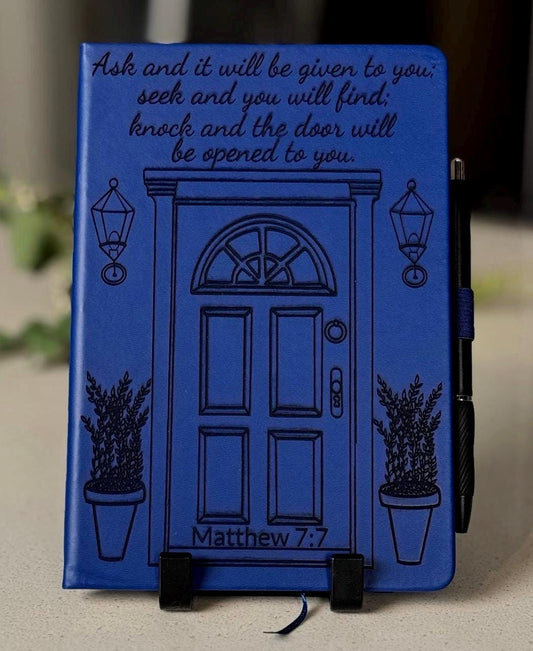 Custom Engraved Journal, Knock and the Door Will Be Opened, Blue Prayer notebook with Pen, Bible Verse Christian Gift for Men & Women - HisWord Designs