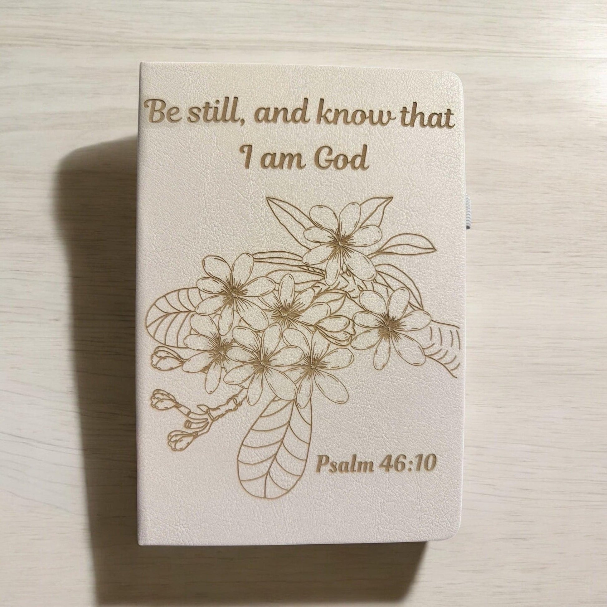 Be Still and Know Laser - Engraved Custom Journal, Psalm 46:10, Bible Verse Journal, White Prayer Journal, Christian Gift for Women - HisWord Designs