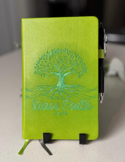 Have Faith Hand - Crafted Custom Engraved Journal, Luke 17:6, Bible Verse Journal, Lime Green Prayer Journal, Christian Gifts - HisWord Designs