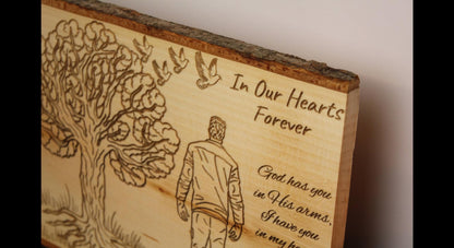 Faith-inspired engraved memorial plaque, personalized sympathy gift with custom name and dates on rustic wood sign, Christian remembrance home decor by HisWord Designs.