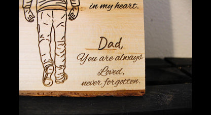 Detailed shot of personalized engraved “In Loving Memory” memorial wood sign, rustic Christian wall plaque, handcrafted sympathy gift by HisWord Designs.