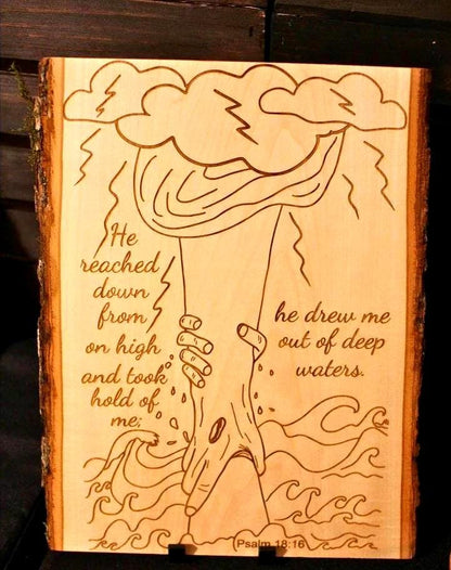 Christian Wall Art – Psalm 18:16 Live Edge Wood Sign | Religious Home Decor & Adult Baptism Gift - HisWord Designs