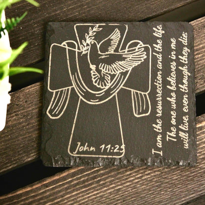 Christian Coasters Set of 4 – Scripture Engraved Slate | Bible Verse Gift | Faith Home Decor | Housewarming Christian Gifts| Hand - drawn art - HisWord Designs