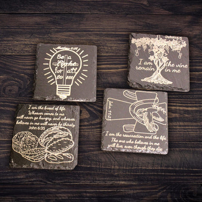 Christian Coasters Set of 4 – Scripture Engraved Slate | Bible Verse Gift | Faith Home Decor | Housewarming Christian Gifts| Hand - drawn art - HisWord Designs