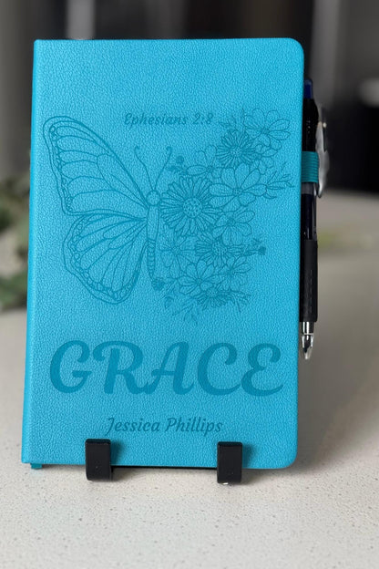 Personalized Faith Journal with Bible Verse – Blue Leather Prayer Journal with Pen, Christian Gifts, Butterfly Books, Grace journal - HisWord Designs