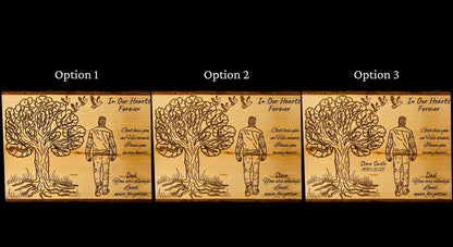 Closeup of custom engraved sympathy wood plaque, rustic Christian memorial decor with personalized details for loss of loved one by HisWord Designs.