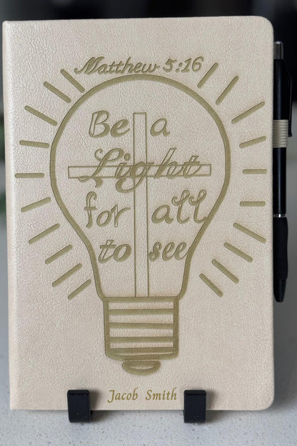 Personalized Christian Engraved Journal, Matthew 5:16, Be a Light for All to See, Scripture Notebook with Bible Verses, Bible Study Gift - HisWord Designs
