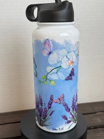 When I Am Afraid – 32oz Scripture Bottle with Orchids & Butterflies (Psalm 56:3) - HisWord Designs