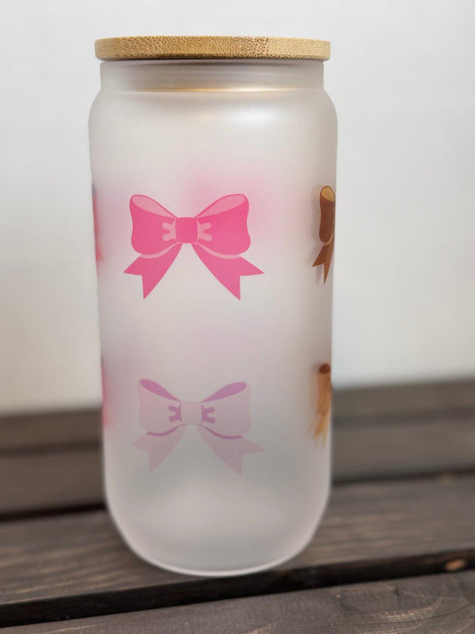 Pretty Bows – 16 oz Frosted Libbey Glass Can - HisWord Designs