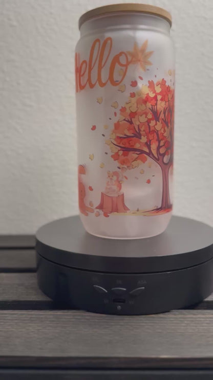 Hello Fall – 16 oz Frosted Glass Can with Lid & Straw – Autumn Tree, Puppy & Acorns Design
