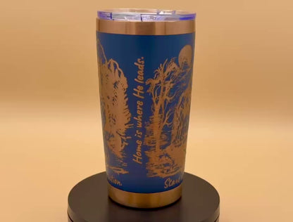 Engraved Bigfoot & Wolf Navy Blue 20 oz Tumbler | Wilderness Faith Travel Mug