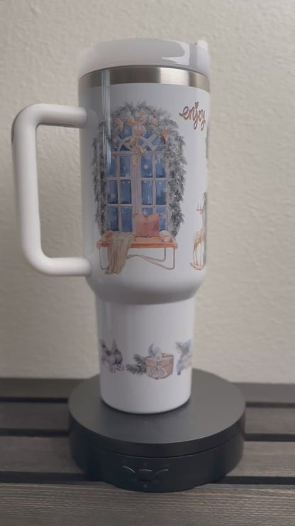 40 oz Christmas Cup – Cozy Blue “Tis the Season” Reindeer Holiday Tumbler with Handle