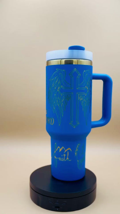 Trust in the LORD" Engraved 40oz Winged Cross Tumbler – Royal Blue Faith & Worship Travel Mug