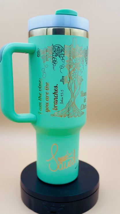 "Rooted in Christ" Hand-Drawn 40oz Teal Tumbler – Original Tree of Life & Scripture Engraved Travel Mug