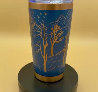 Engraved Bigfoot & Wolf Navy Blue 20 oz Tumbler | Wilderness Faith Travel Mug