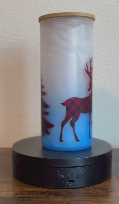 "Merry Christmas” 20 oz Frosted Libbey Glass Can – Christmas Tree and Reindeer