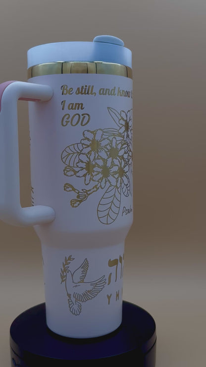 YHWH Scripture Tumbler – Psalm 46:10 & Luke 17:6 – Tree of Life – 40oz Faith Gift