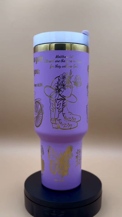 Everything Beautiful" Hand-Drawn 40oz Purple Tumbler – Boho Faith & Country Floral Engraved Travel Mug