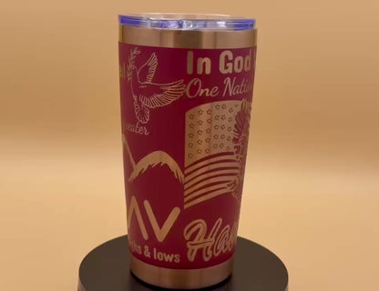 In God We Trust Patriotic Christian Tumbler | Eagle & US Flag Maroon Red Copper Engraved 20 oz
