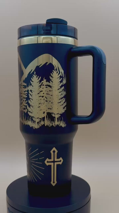 Faith Can Move Mountains Tumbler 40oz | Matthew 17:20 Scripture | Hand-Drawn Engraved Christian Gift | Mountaintop Experience