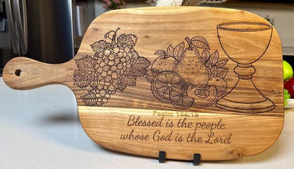 XL Teak Wood Serving Board – Psalm 144:15 Engraved,Religious Gifts,Faith - Based Charcuterie Board,Handcrafted, Hand - drawn,Housewarming Gifts - HisWord Designs